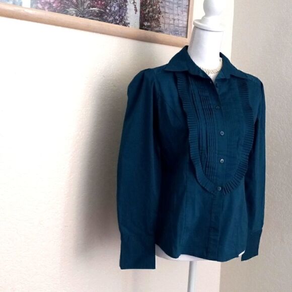 Worthington Stretch Long Sleeve Button down Ruffle Shirt. Zenith Teal-Small - Picture 3 of 7